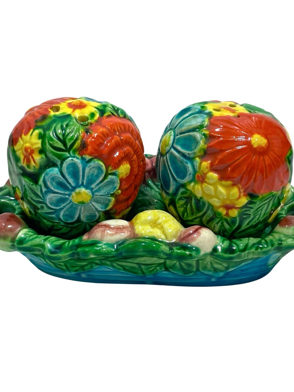 Vintage 1960s Japanese Majolica Floral Salt and Pepper Shakers with Basket Tray